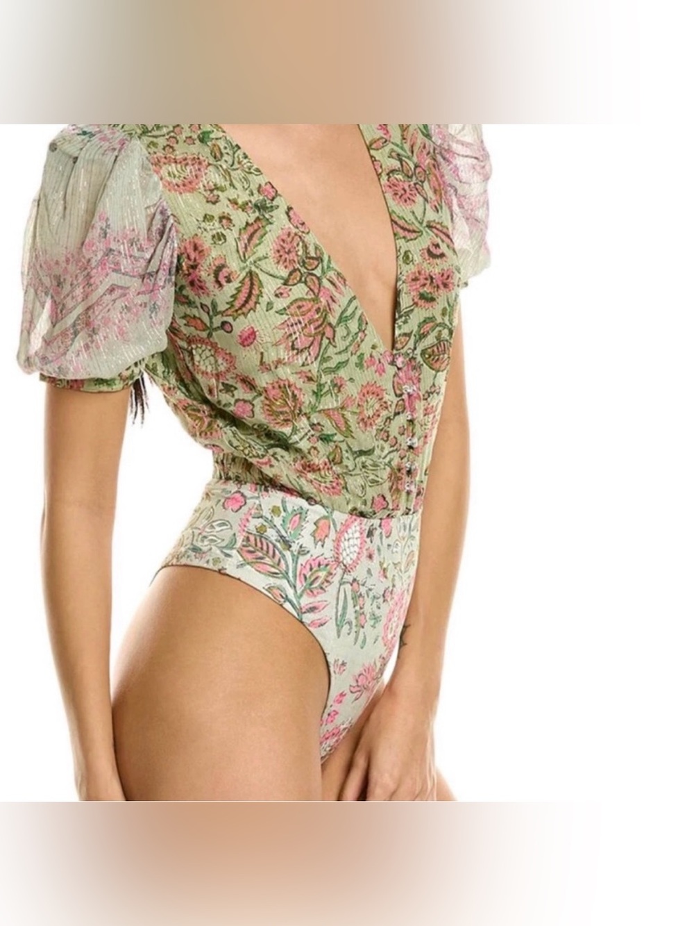 HEMANT & NANDITA Sage Green Floral V-Neck Puff Sleeve Top with Pink Accents - Picture 2 of 9